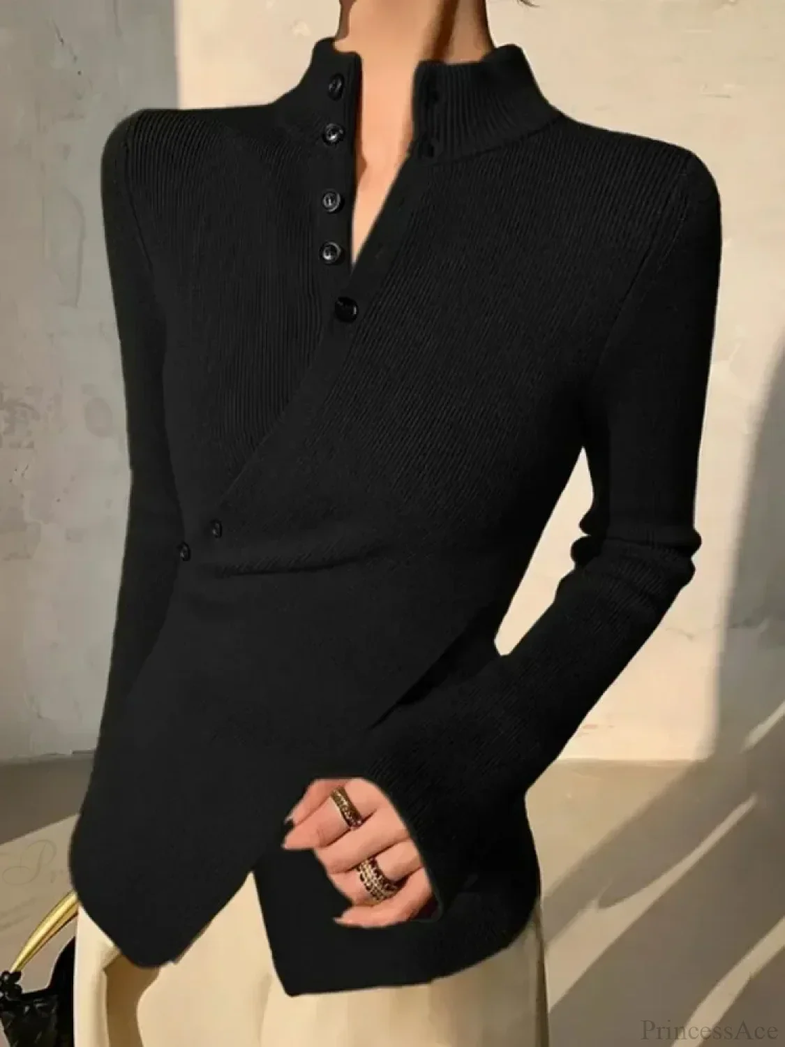 Solid Color Asymmetric Long Sleeve Sweater - Image 6