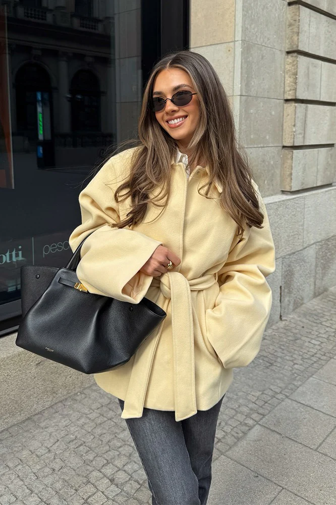 Solid Color Belted Midi Wool Blend Coat