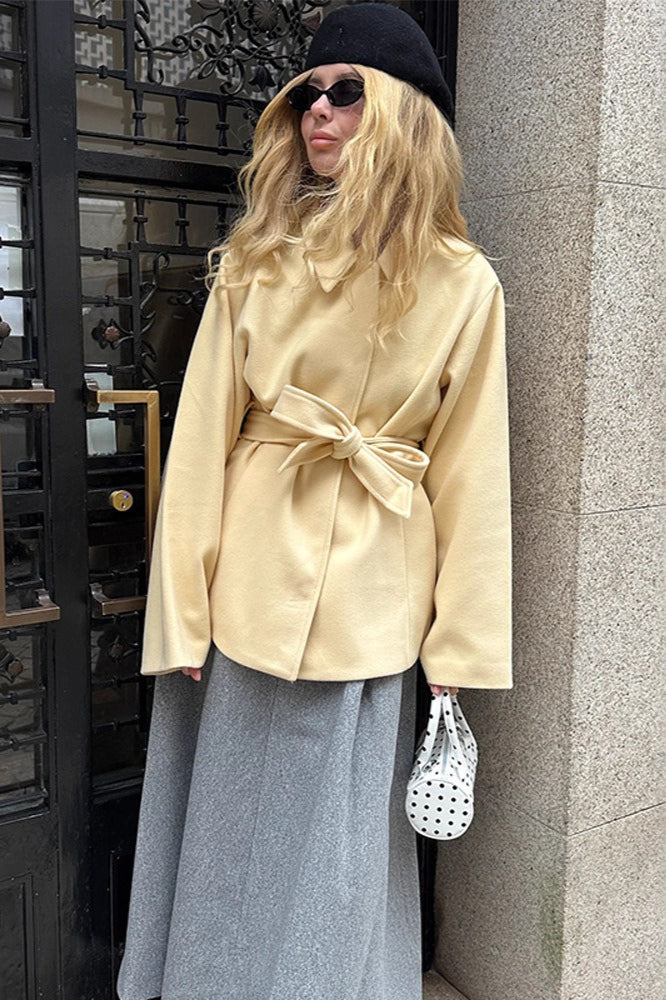 Solid Color Belted Midi Wool Blend Coat - Image 2