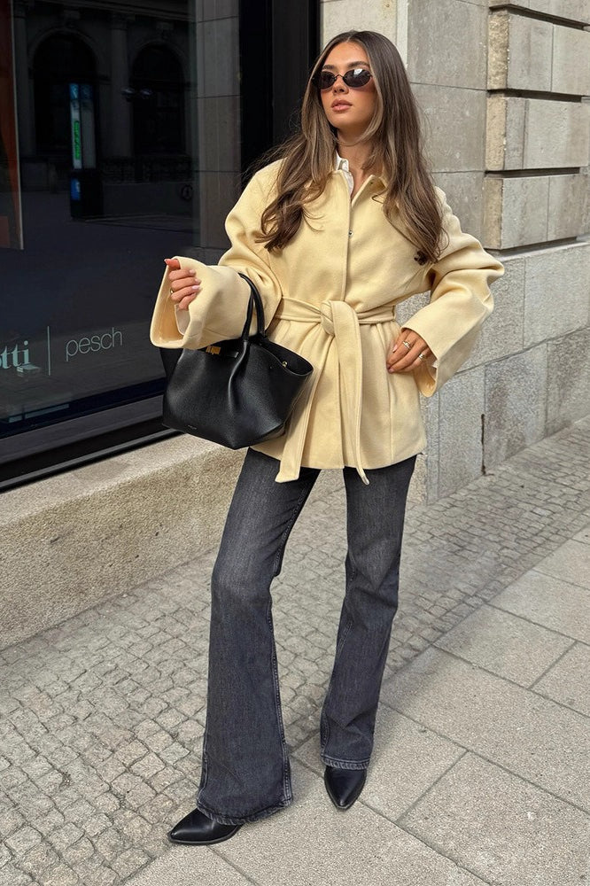 Solid Color Belted Midi Wool Blend Coat - Image 5