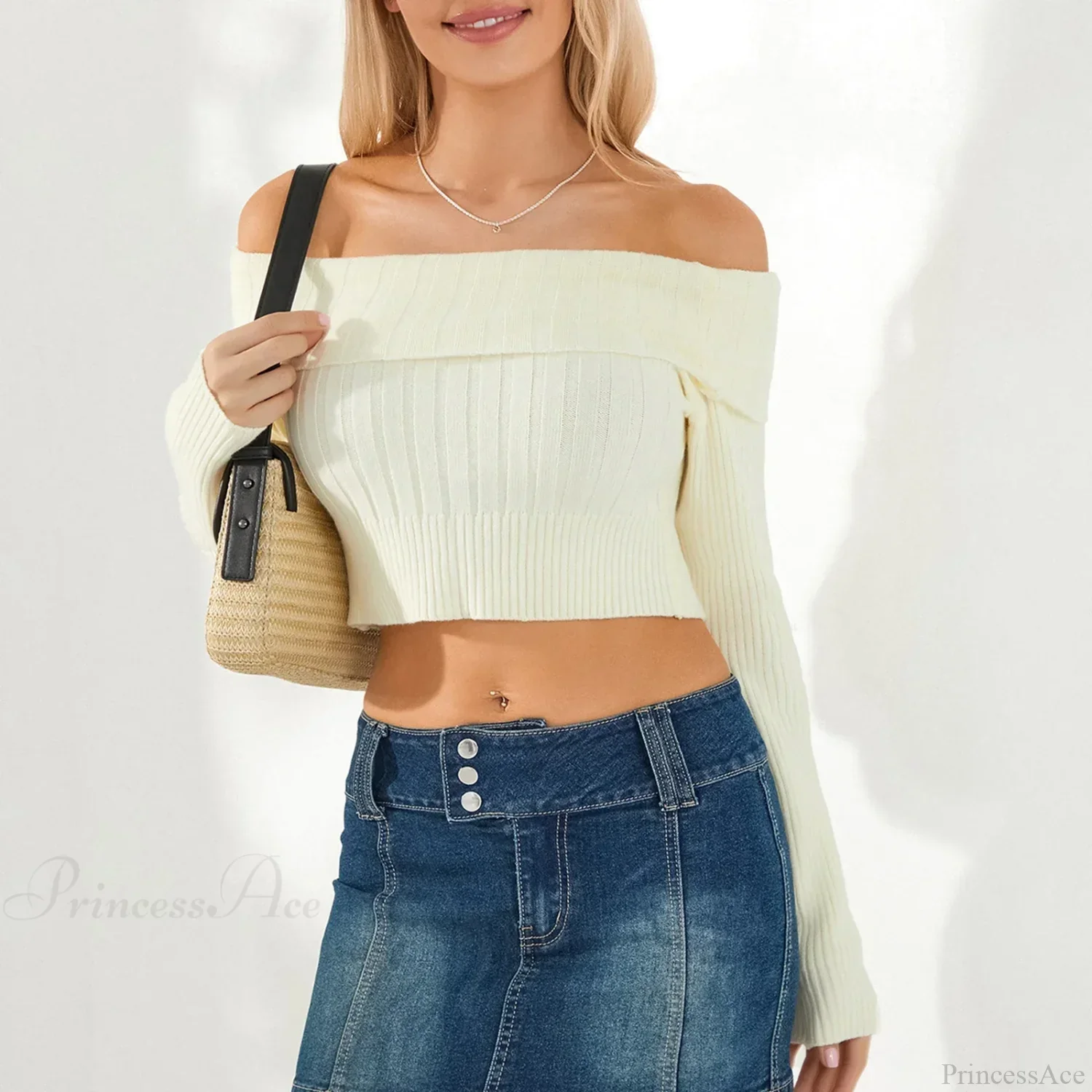 Solid Color Boat Neck Crop Sweater - Image 2