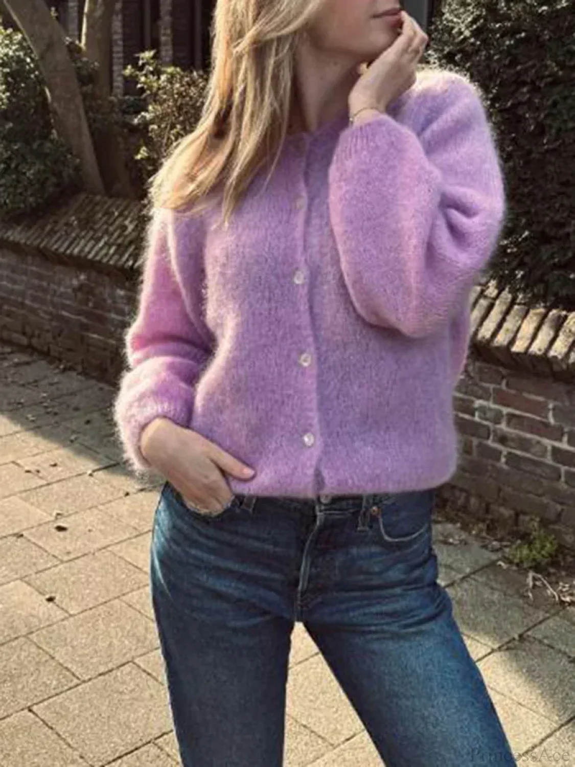 Solid Color Button-Down Long Sleeve Cardigan - Image 4