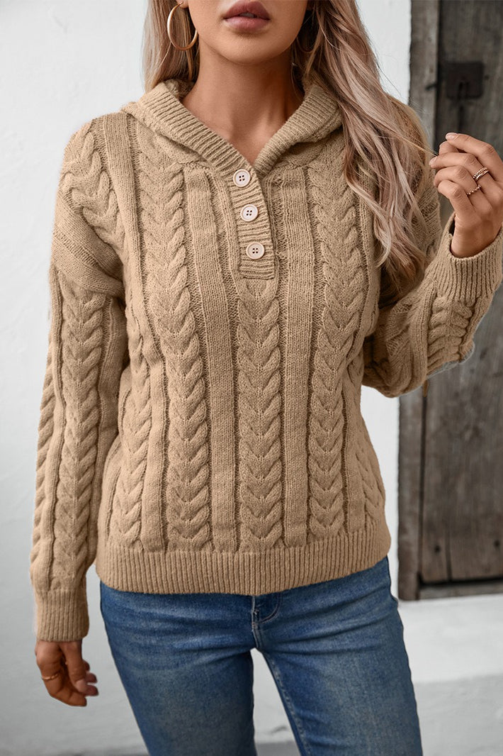 Vintage Solid Color Button-Front Hooded Thick Warm Sweater - Image 4