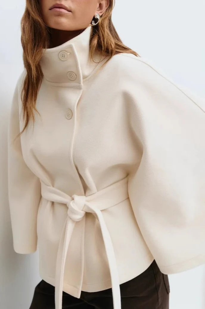 Solid Color Cape Collar Belted Trench Coat - Image 3