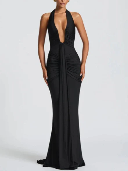 Solid Color Halter Neck V-Neck Backless Fishtail Party Dress - Image 2