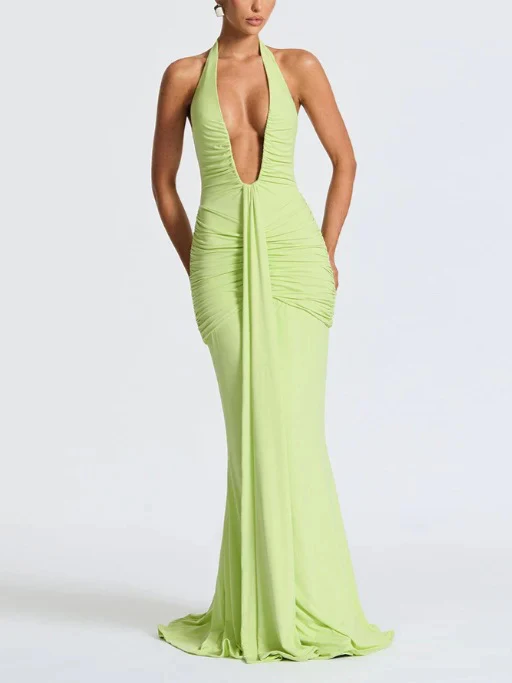 Solid Color Halter Neck V-Neck Backless Fishtail Party Dress - Image 3