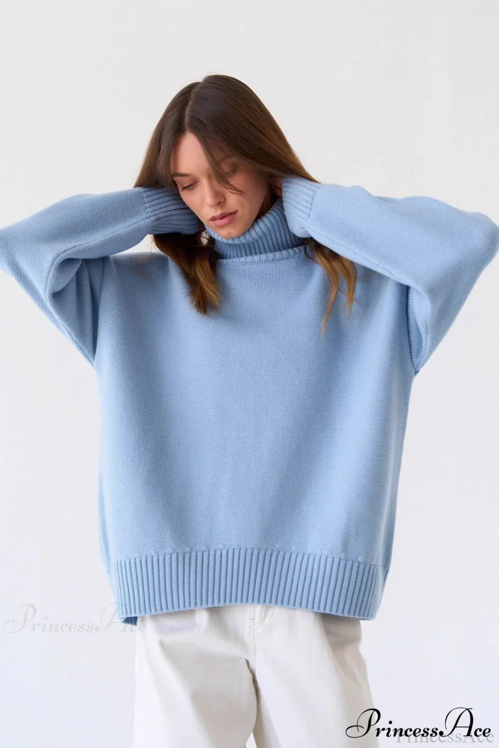 Solid Color High-Neck Loose Knit Sweater - Image 2
