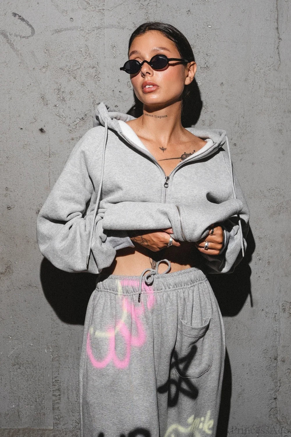 solid color hoodie Colorful Graffiti Letter Casual Pants Two Piece Set - Image 4