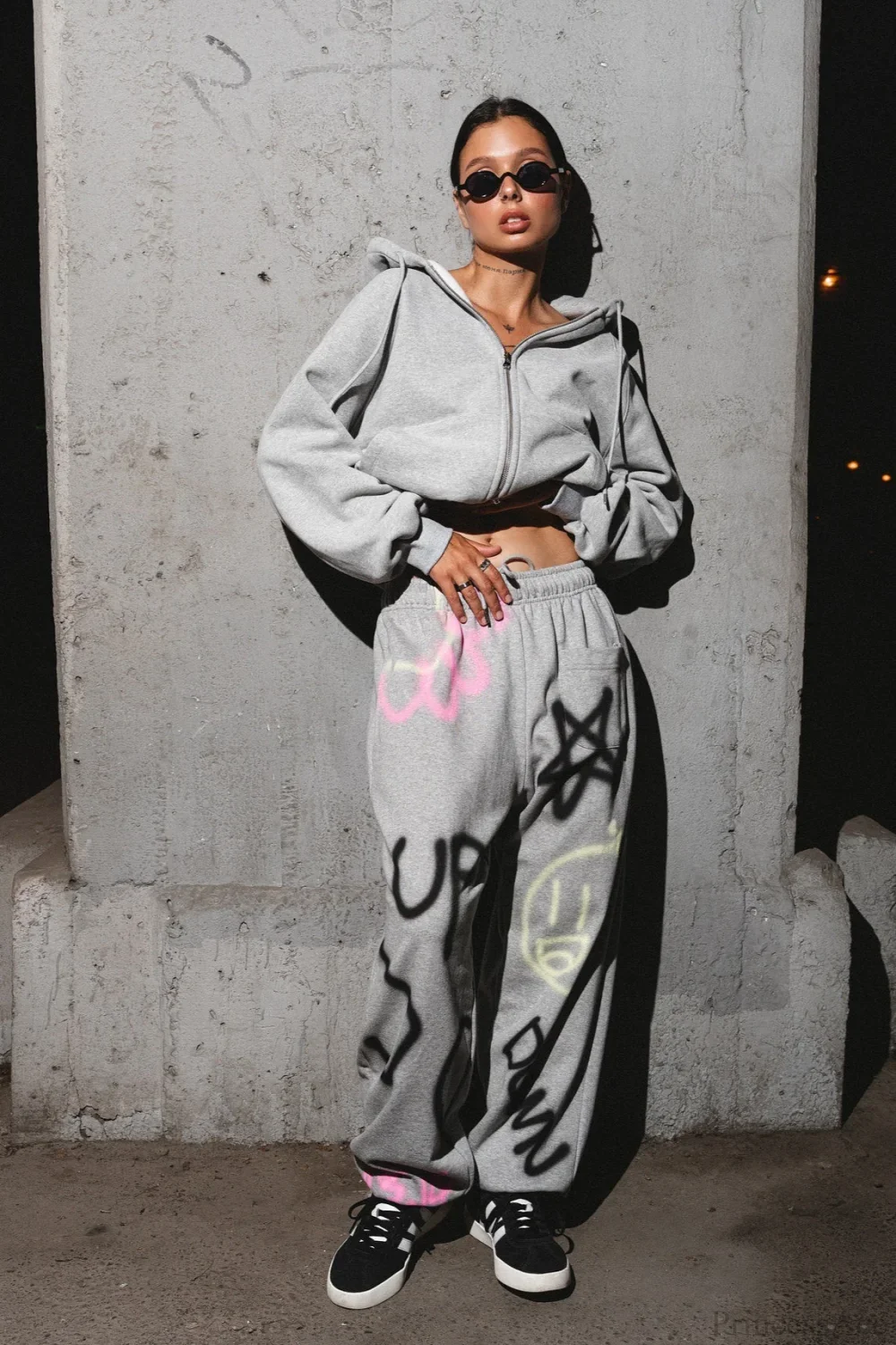 solid color hoodie Colorful Graffiti Letter Casual Pants Two Piece Set - Image 5