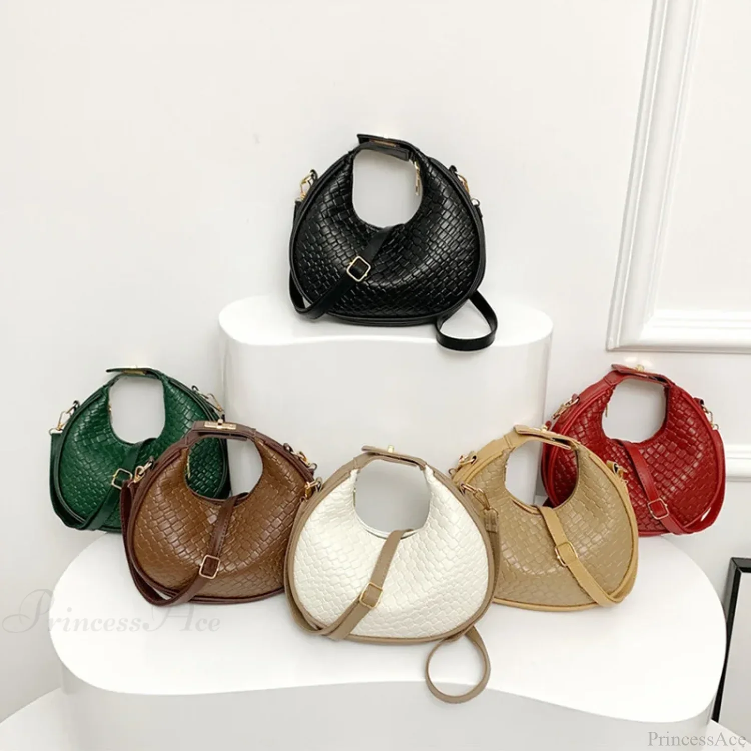 Solid Color PU Leather Lattice Crossbody Handbag - Image 3