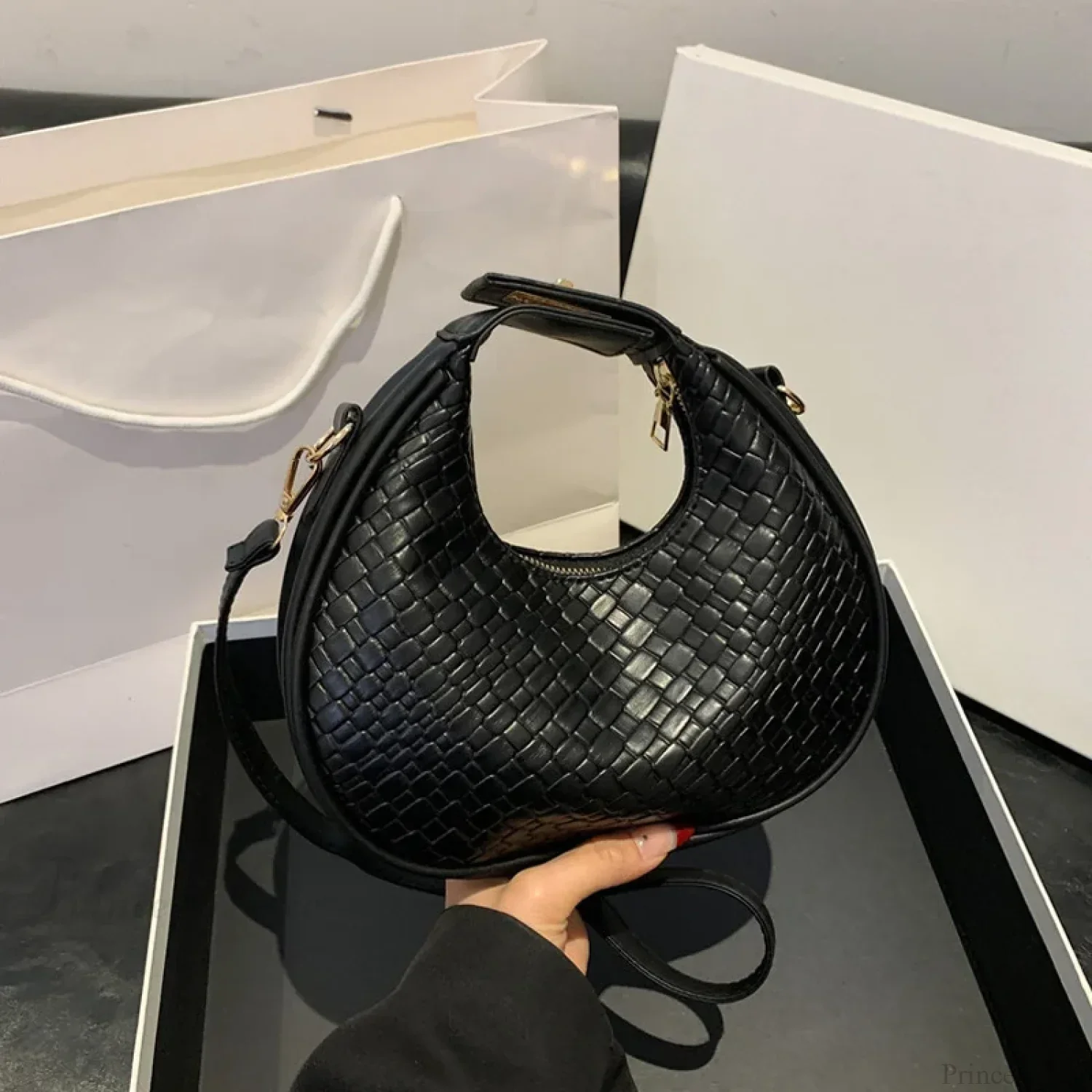 Solid Color PU Leather Lattice Crossbody Handbag - Image 7