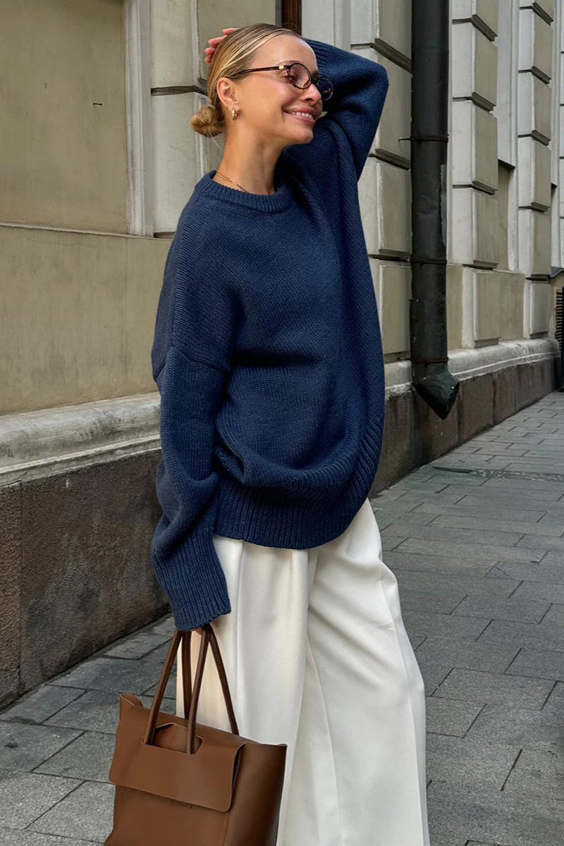 Solid Color Relaxed Fit Crew Neck Knit Sweater - Image 2