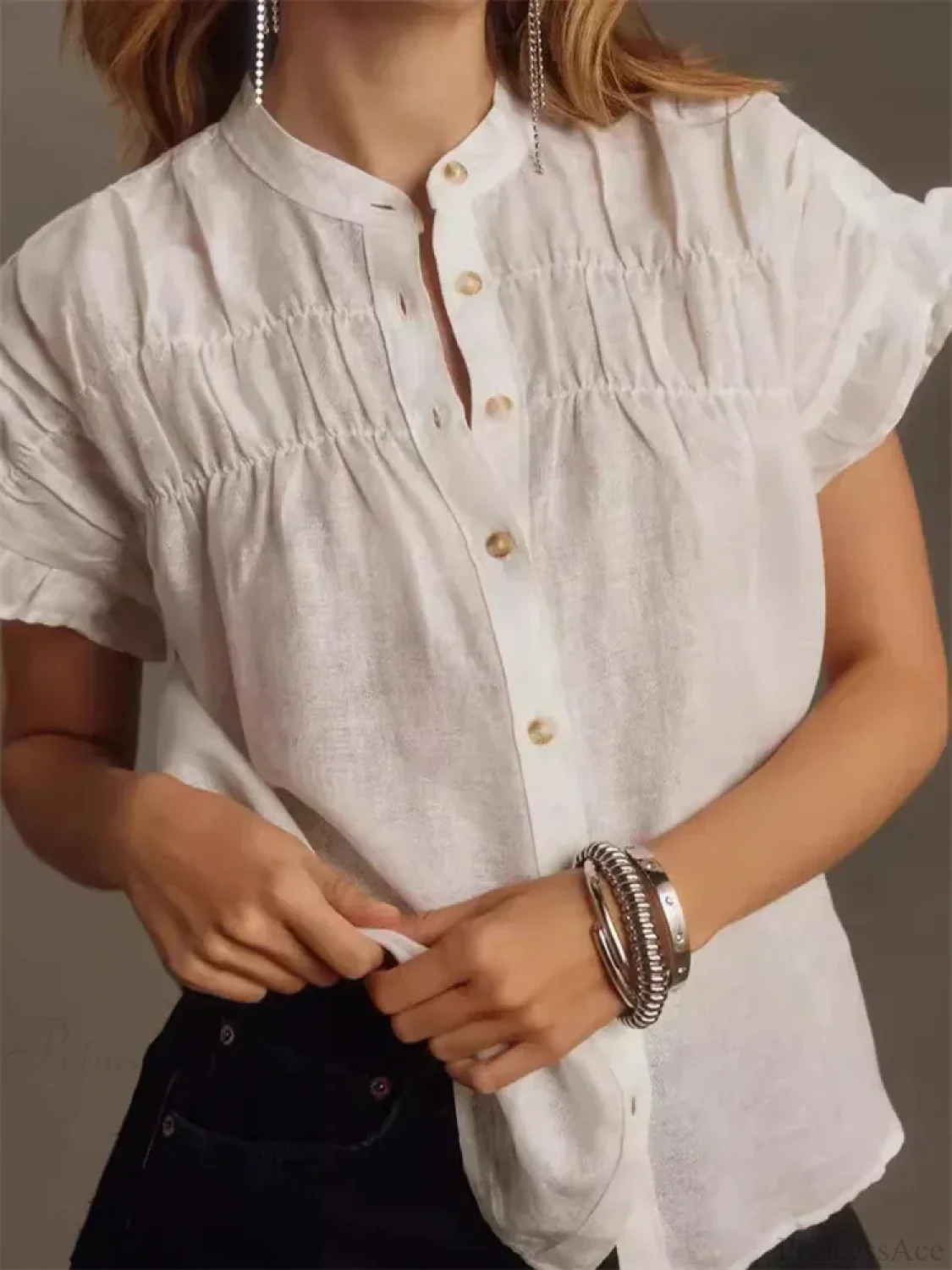 Solid Color Ruffle Short Sleeve Blouse - Image 2