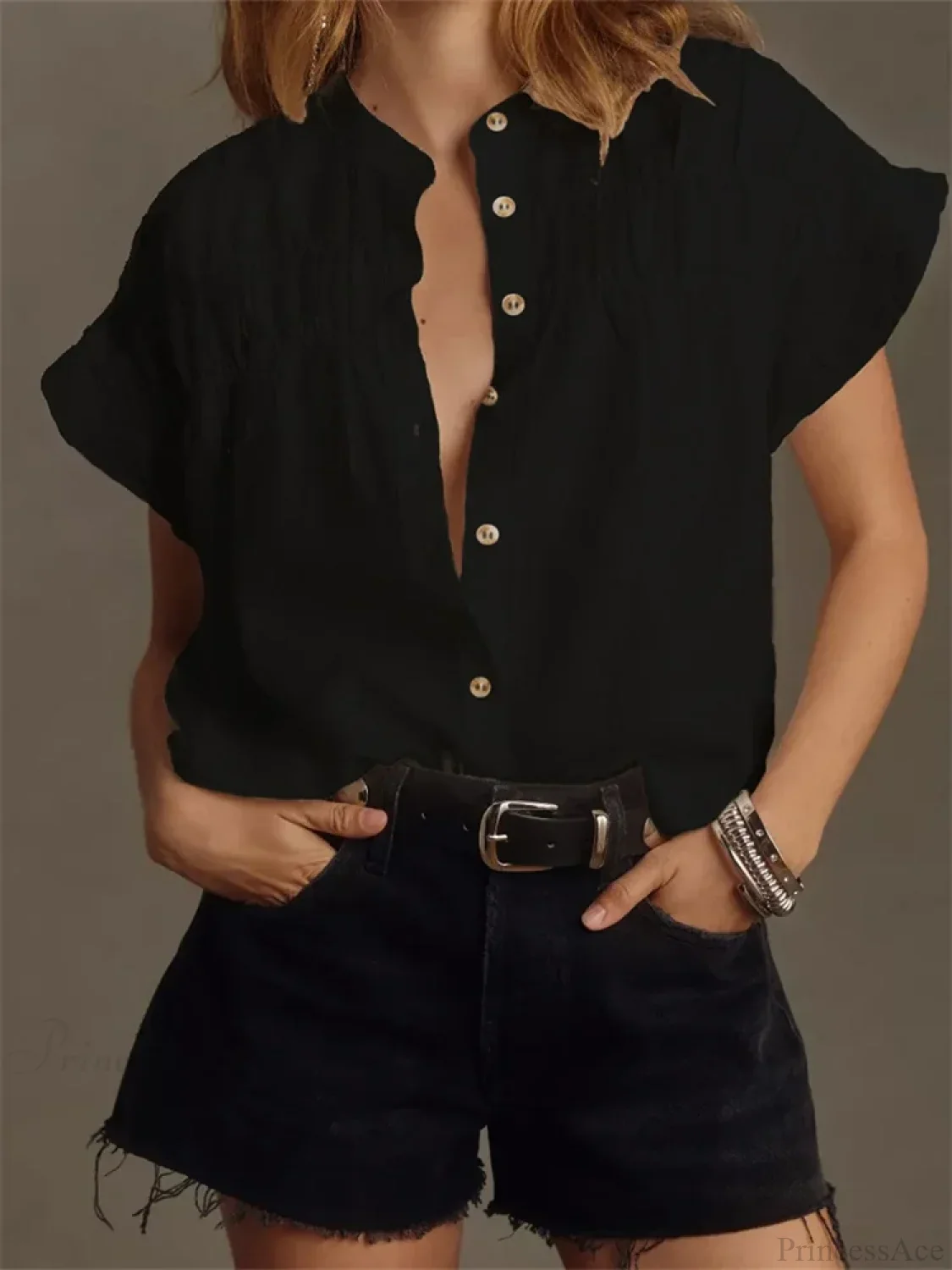 Solid Color Ruffle Short Sleeve Blouse - Image 4