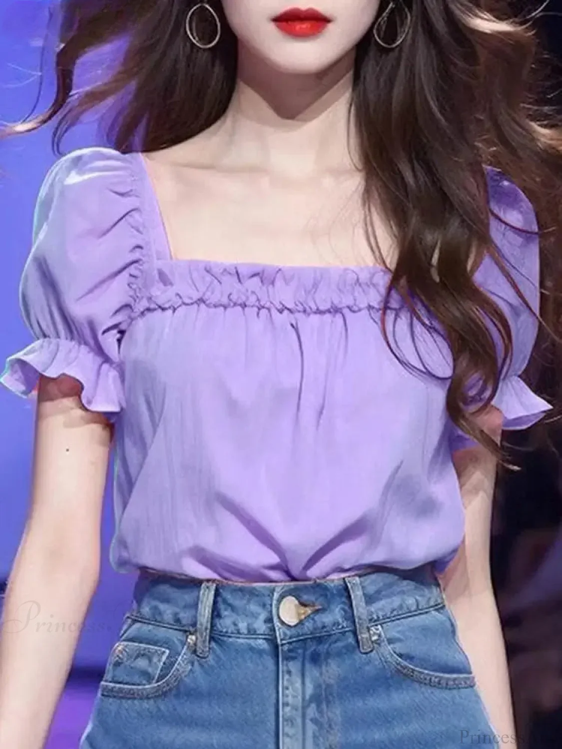 Solid Color Ruffled Square Neck Short Sleeve Blouse - Image 2