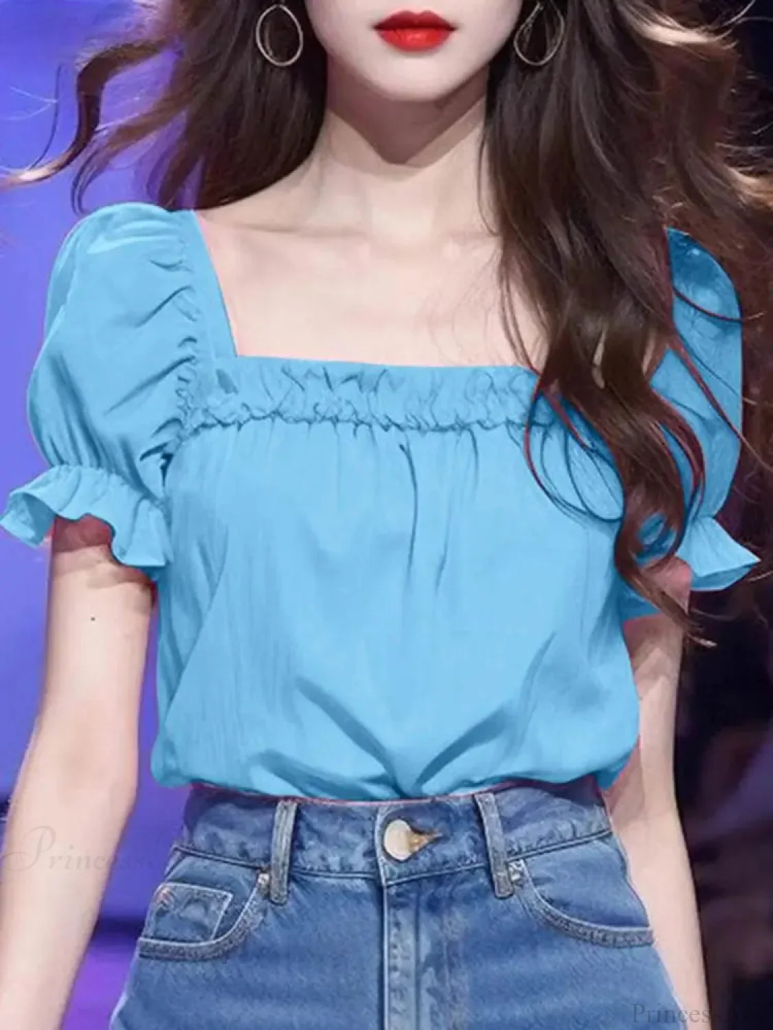 Solid Color Ruffled Square Neck Short Sleeve Blouse - Image 3