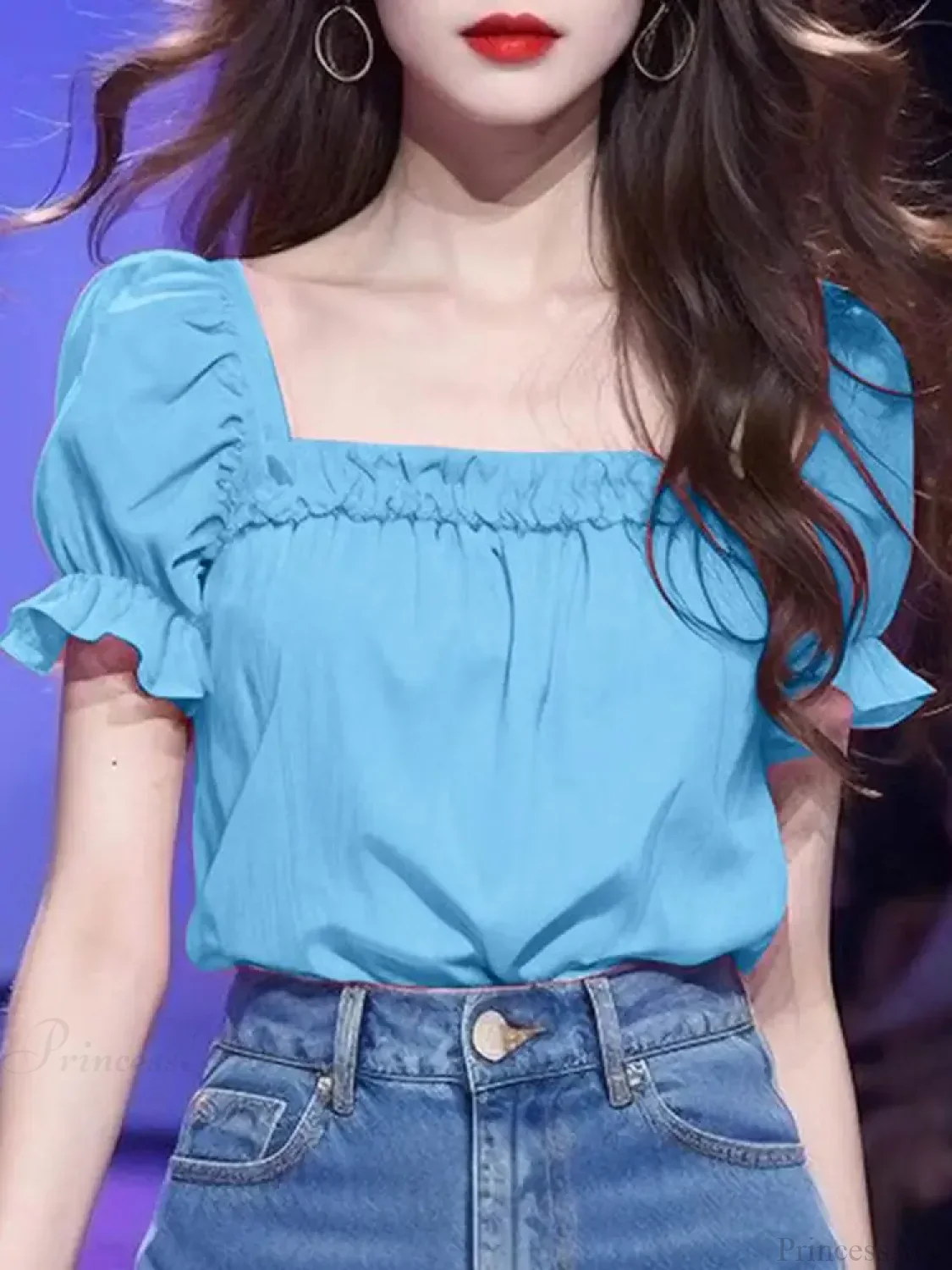 Solid Color Ruffled Square Neck Short Sleeve Blouse - Image 4