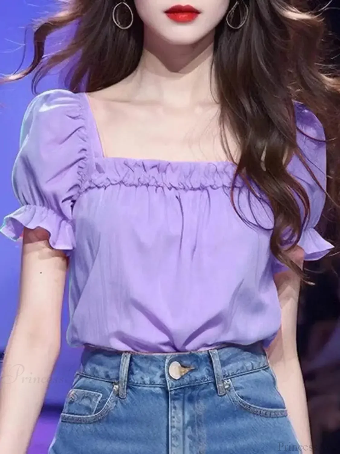 Solid Color Ruffled Square Neck Short Sleeve Blouse - Image 5
