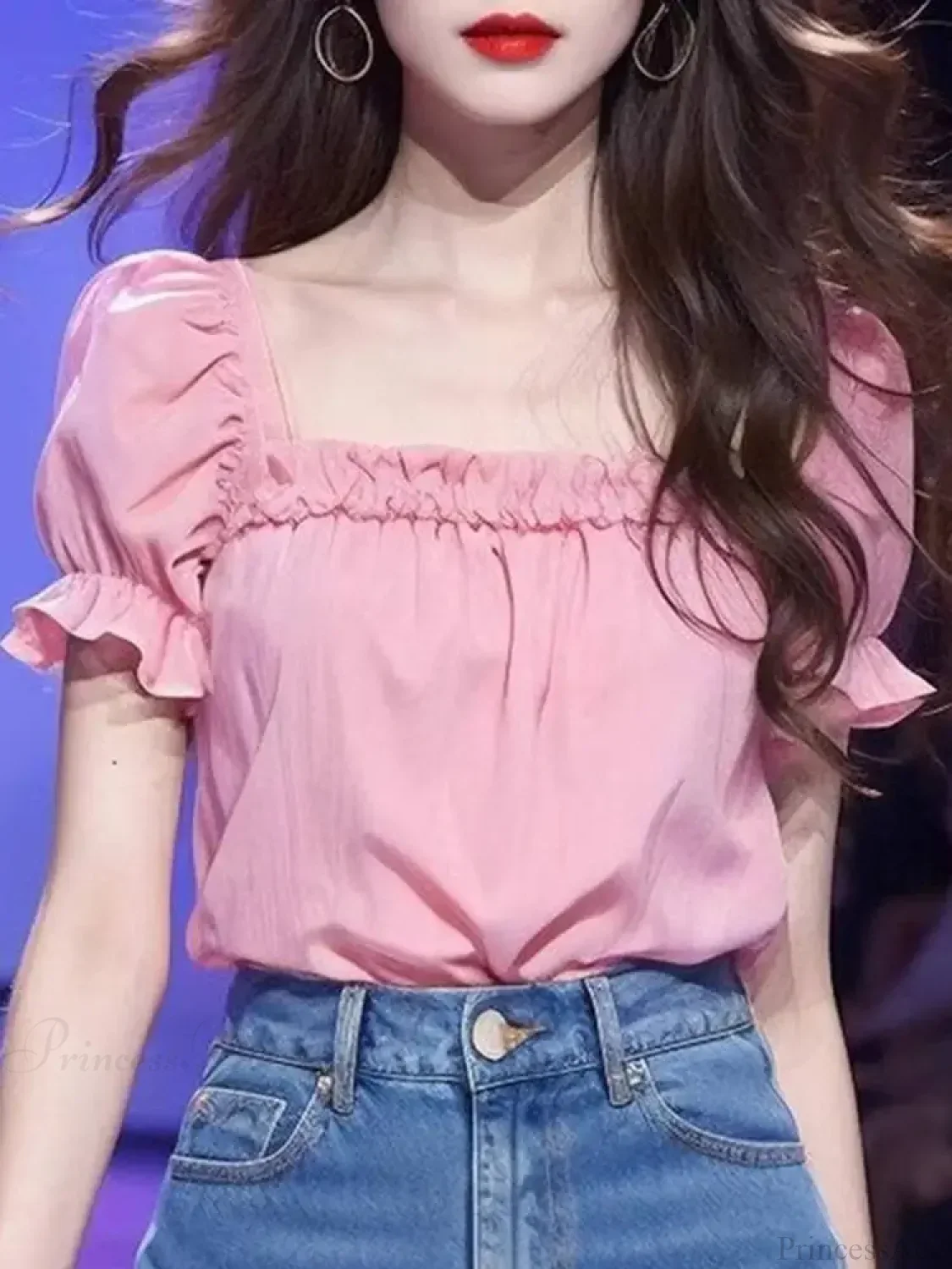 Solid Color Ruffled Square Neck Short Sleeve Blouse - Image 6