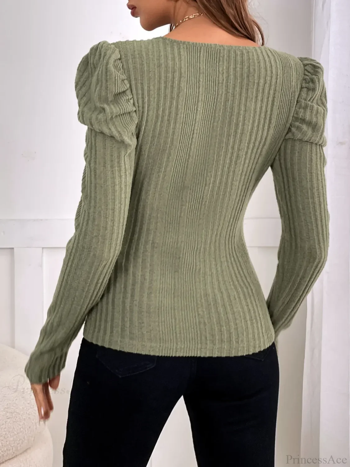 Solid Color Semi-Open Neck Autumn Slim Knit Top - Image 2