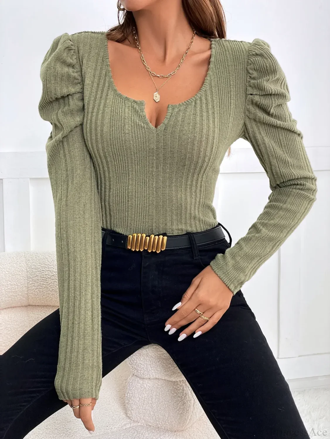 Solid Color Semi-Open Neck Autumn Slim Knit Top - Image 3