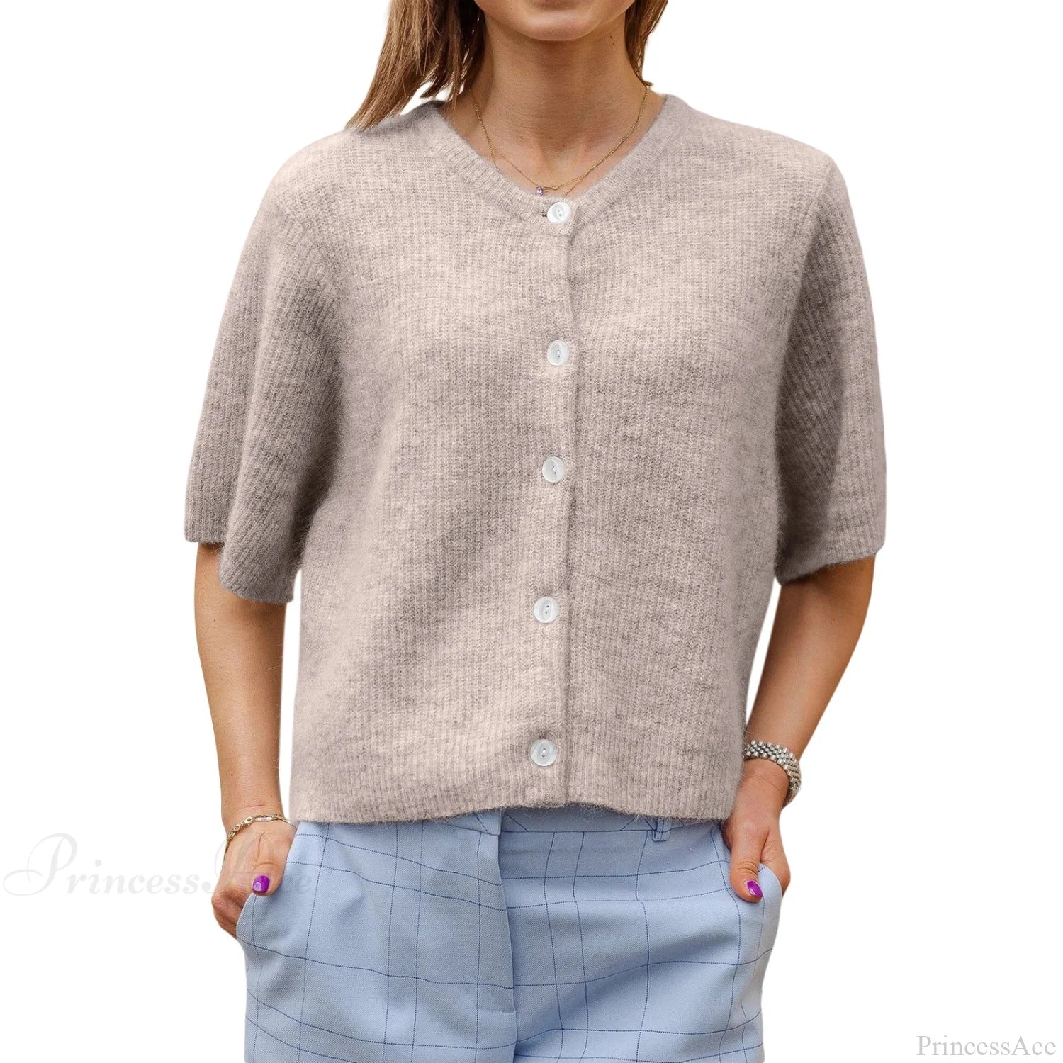 Solid Color Short Sleeve Button Cardigan - Image 10