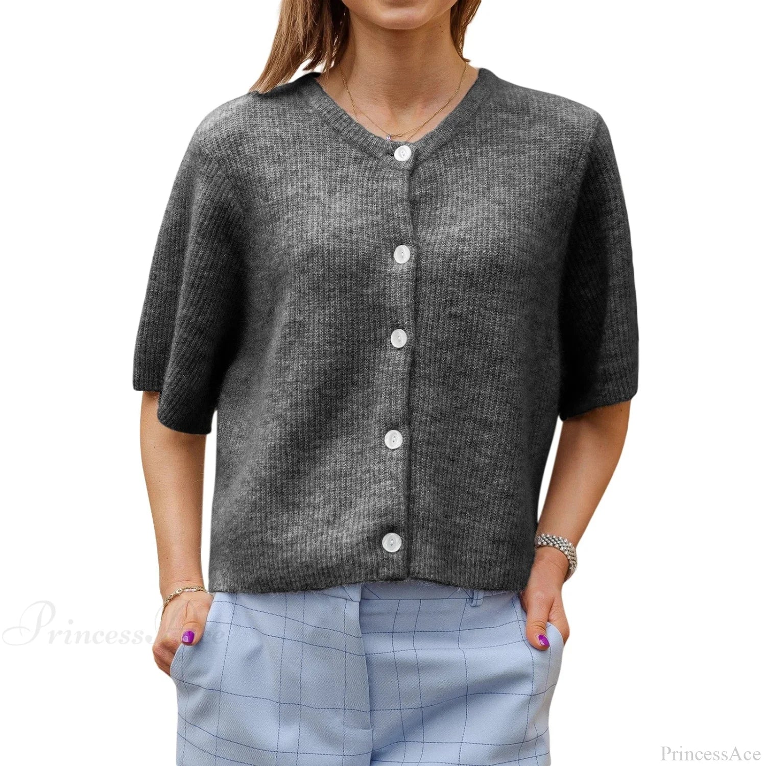 Solid Color Short Sleeve Button Cardigan - Image 4