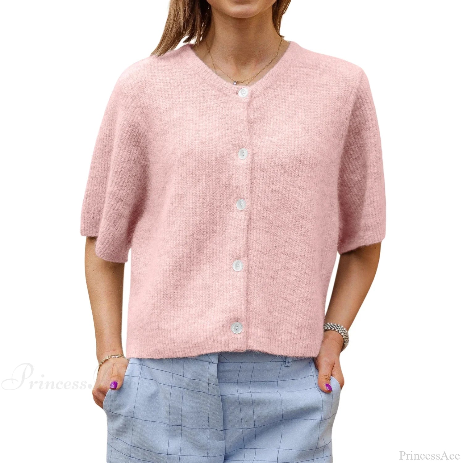Solid Color Short Sleeve Button Cardigan - Image 5