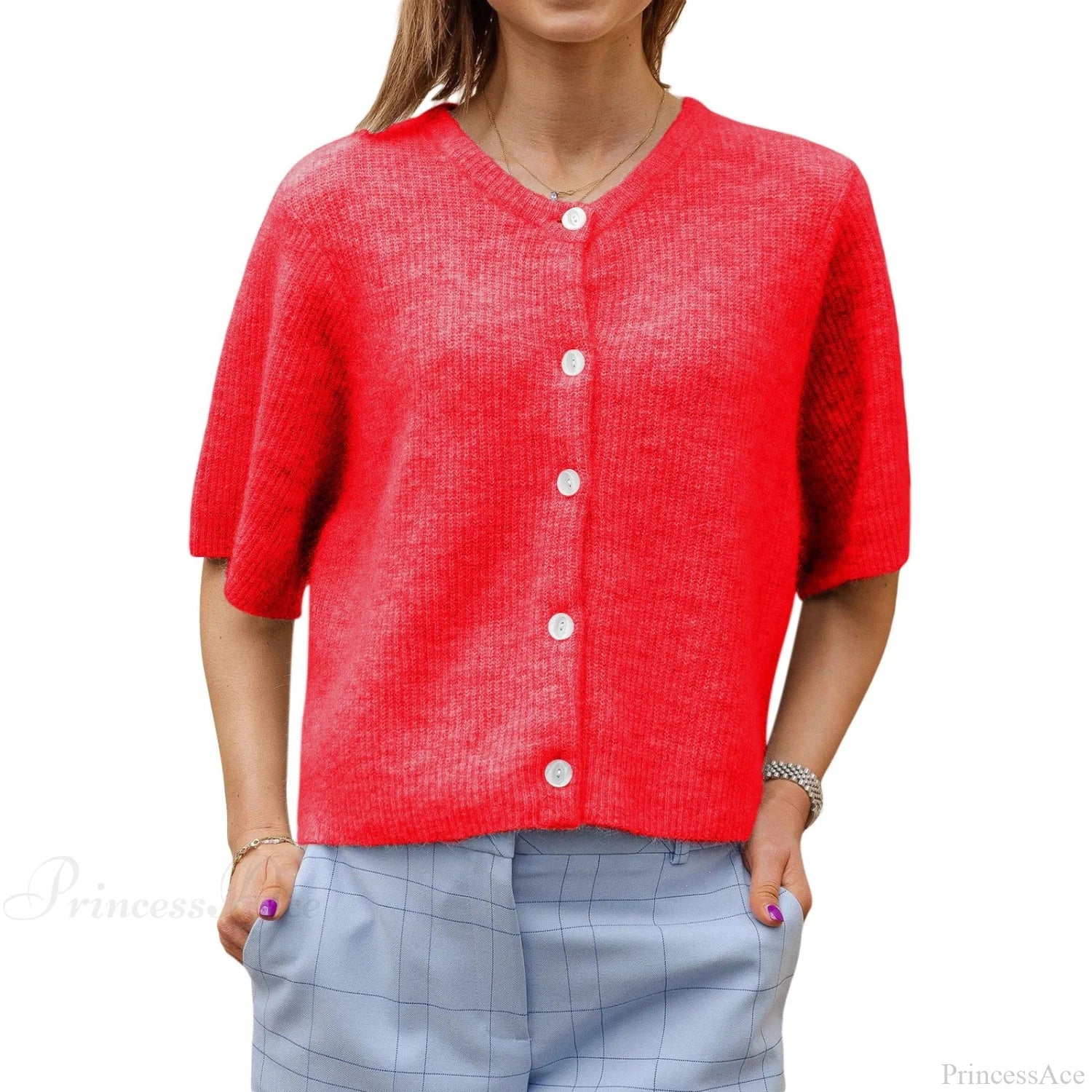 Solid Color Short Sleeve Button Cardigan - Image 6