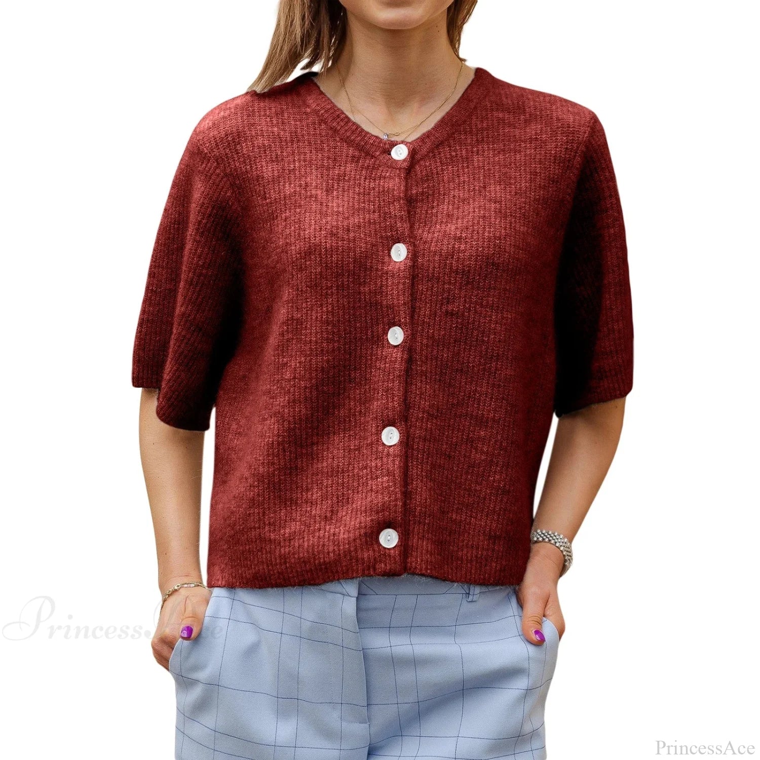Solid Color Short Sleeve Button Cardigan - Image 7