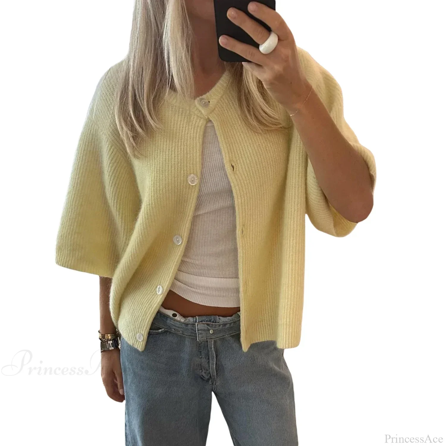 Solid Color Short Sleeve Button Cardigan - Image 8