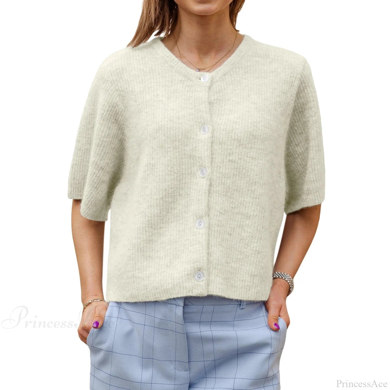 Solid Color Short Sleeve Button Cardigan - Image 9