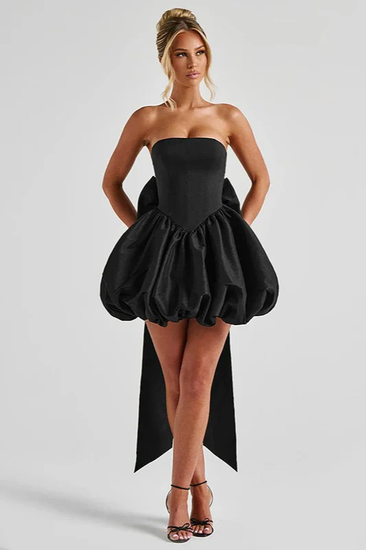 Solid Color Strapless Backless Big Bow Bubble Hem Prom Dress - Image 6