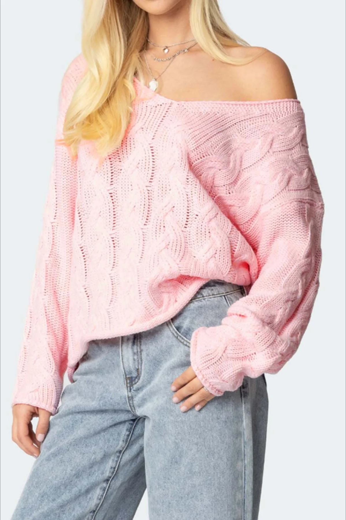 Solid Color V-Neck Cable-Knit Loose Sweater - Image 6