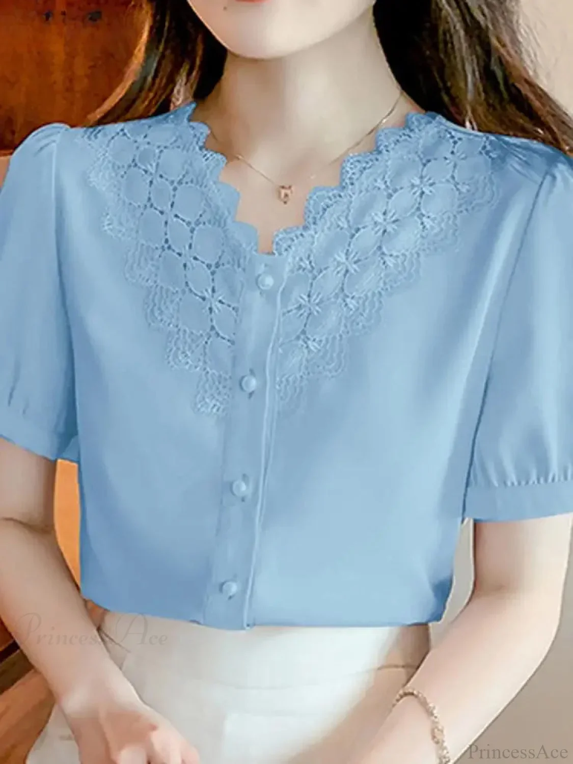 Solid Color V Neck Short Sleeve Office Blouse - Image 2