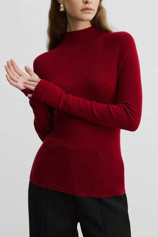Solid Color Washable Wool Turtleneck Long Sleeve Tee - Image 2