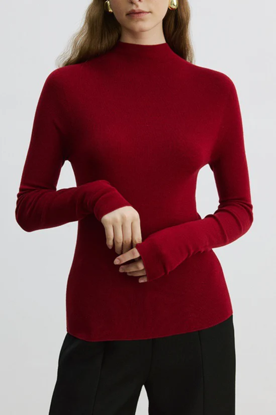 Solid Color Washable Wool Turtleneck Long Sleeve Tee - Image 3