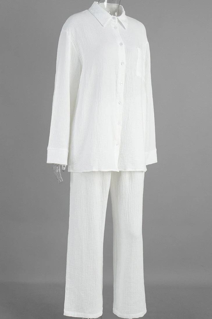 Solid Cotton Wrinkled Shirt Pants Two Piece Set - Image 4