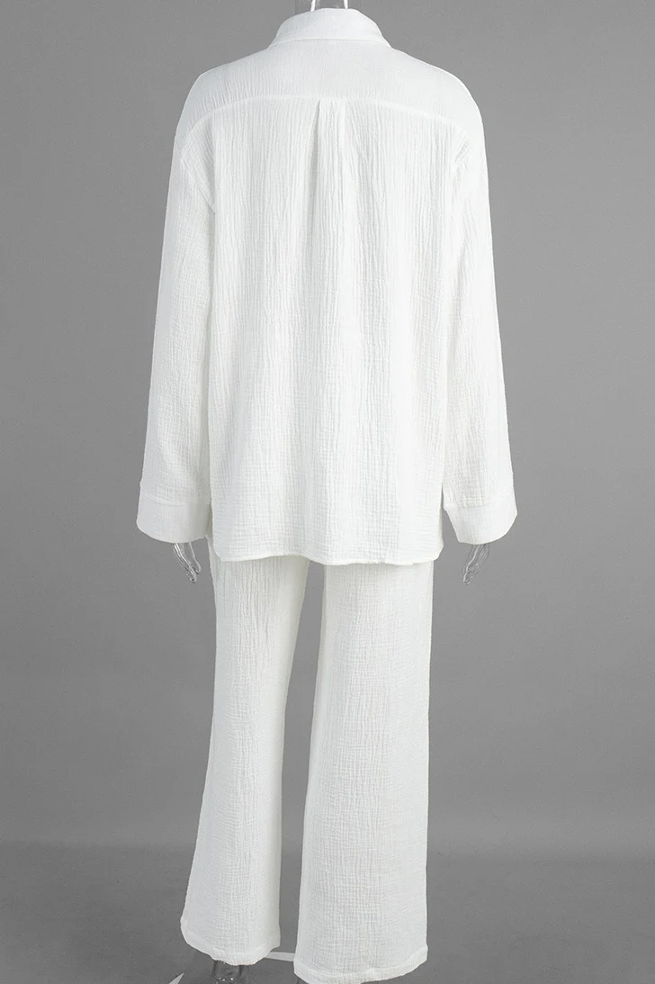 Solid Cotton Wrinkled Shirt Pants Two Piece Set - Image 5