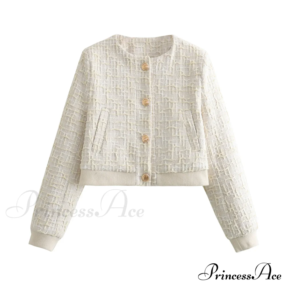 Solid Cropped Tweed Buttoned Round Neck Long Sleeve Short Autumn Stylish Chic Coat - Image 6