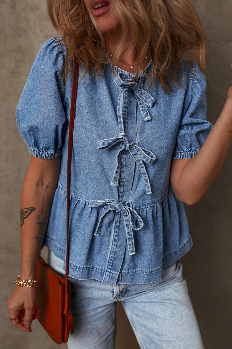 Solid Denim Tie Bow Blouse - Image 3