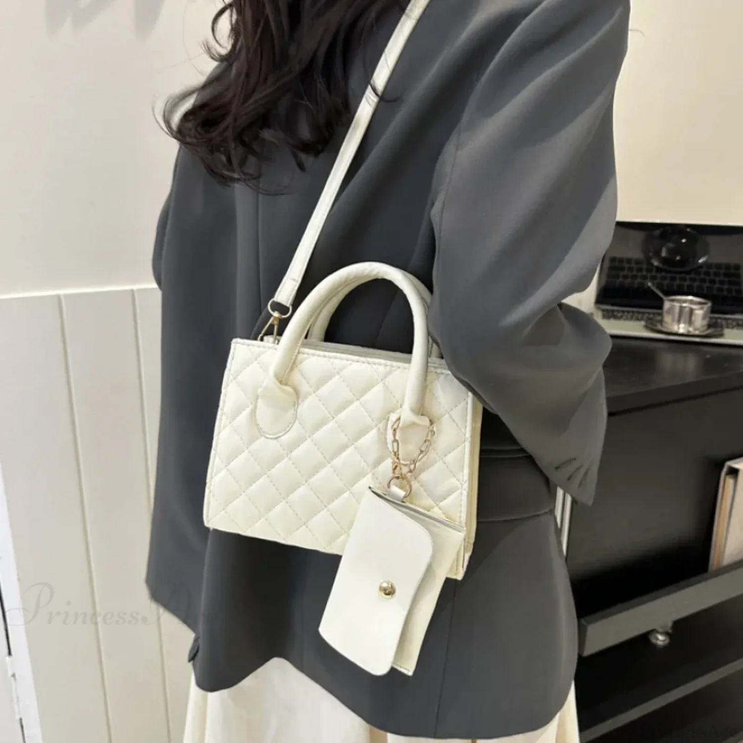 Solid Diamond Grid PU Leather Crossbody - Image 4
