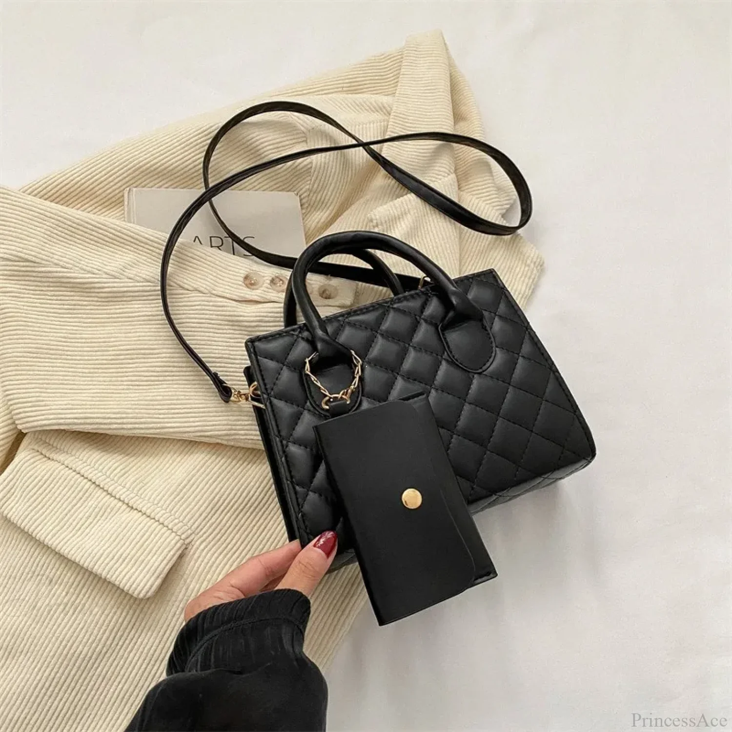 Solid Diamond Grid PU Leather Crossbody - Image 6