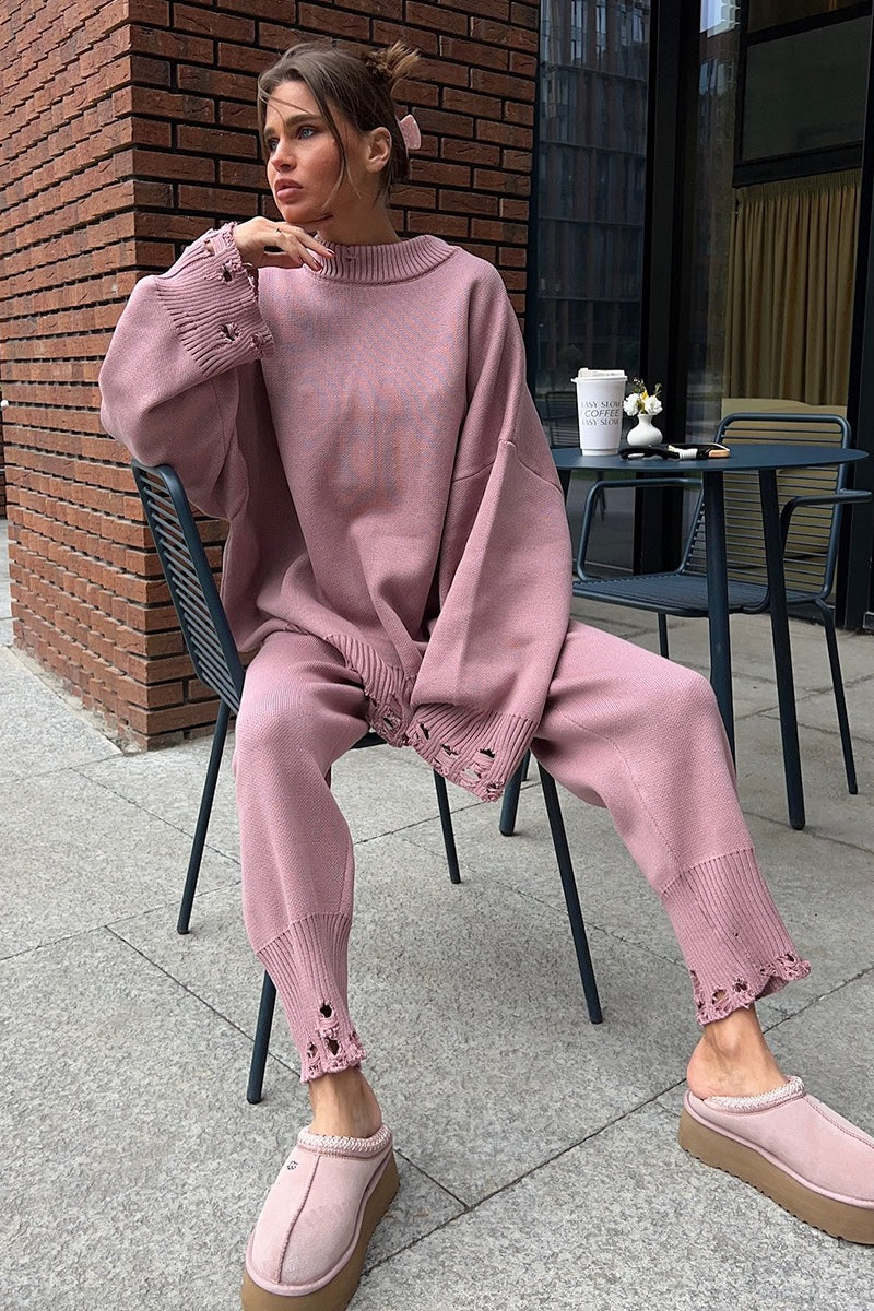 Solid Distressed Knit Crew Neck Sweater Two Piece Set - Image 11