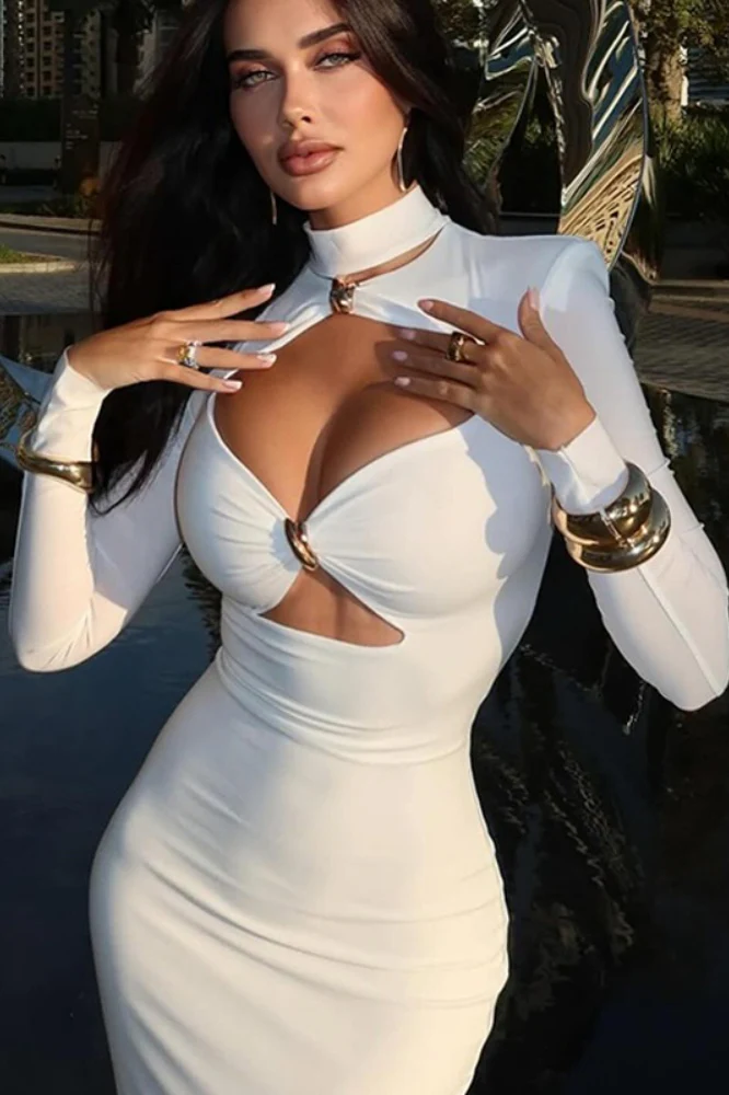 Solid Elegant Minimalist Cutout Metal Embellished Fitted Maxi Dress - Image 4