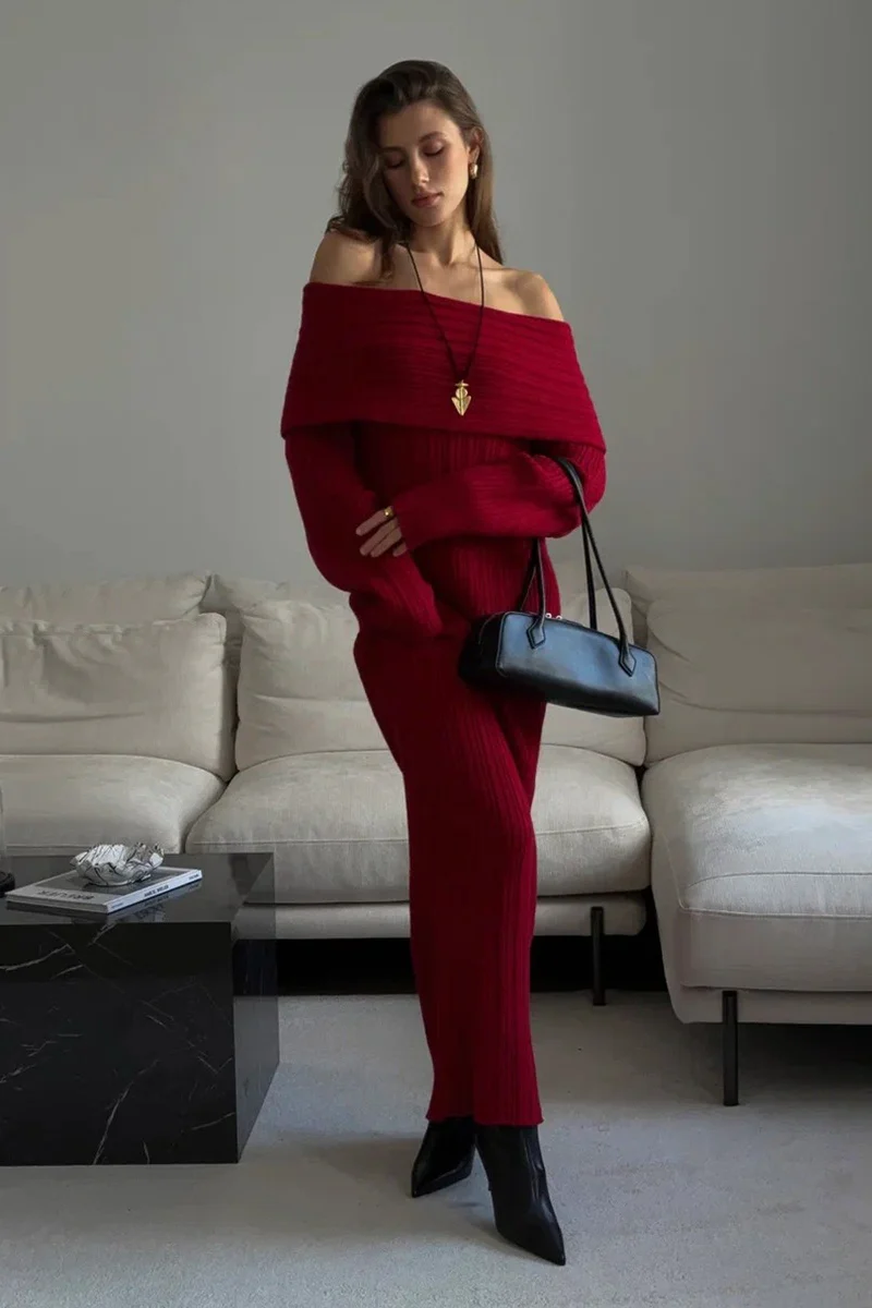 Solid Elegant Minimalist Off Shoulder Bodycon Knit Maxi Dress - Image 6
