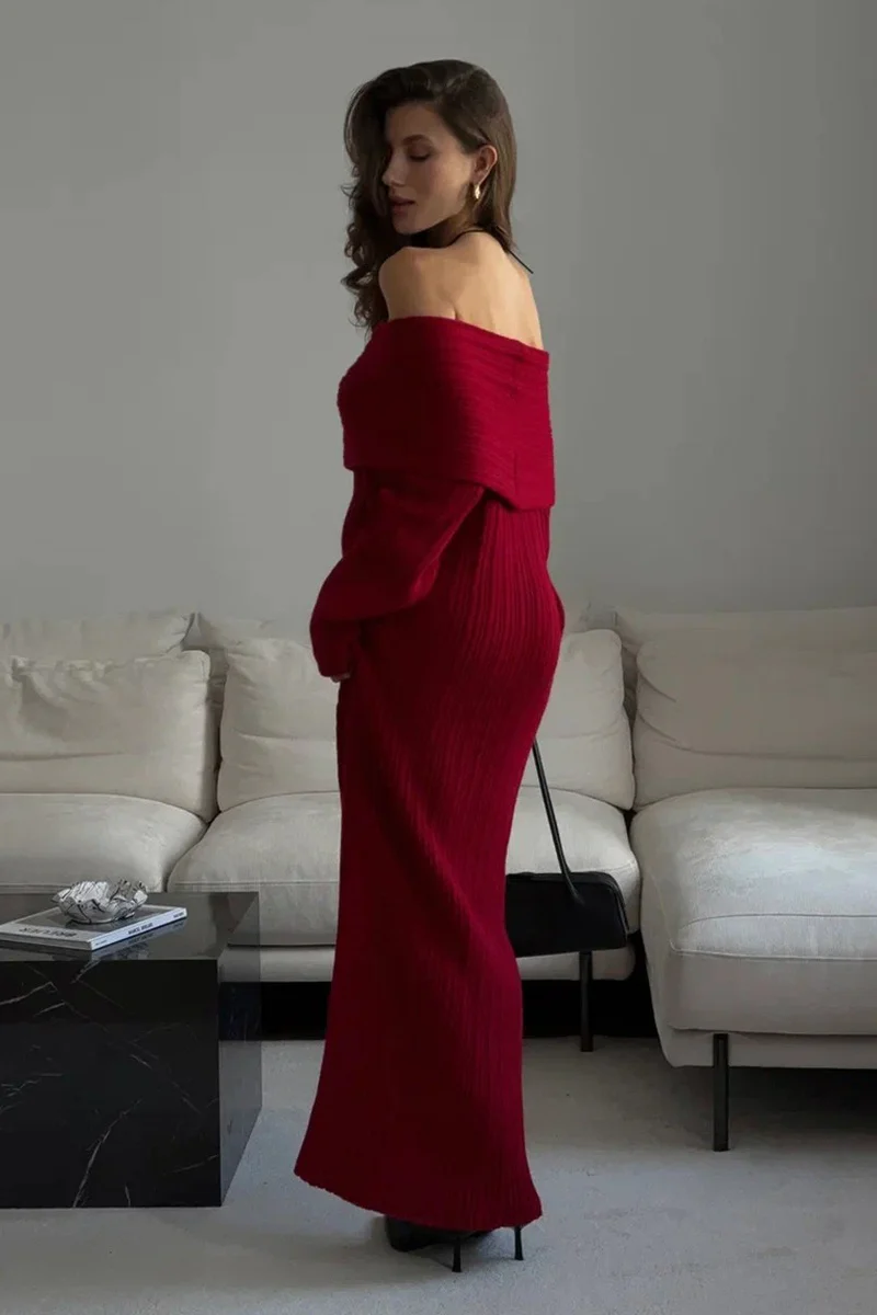 Solid Elegant Minimalist Off Shoulder Bodycon Knit Maxi Dress - Image 7