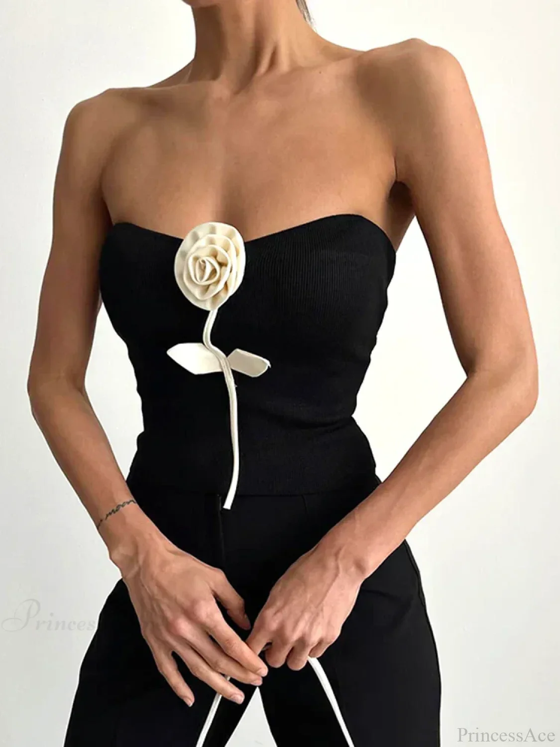 Solid Elegant Sleeveless Strapless Casual Flower Tube Crop Top - Image 5