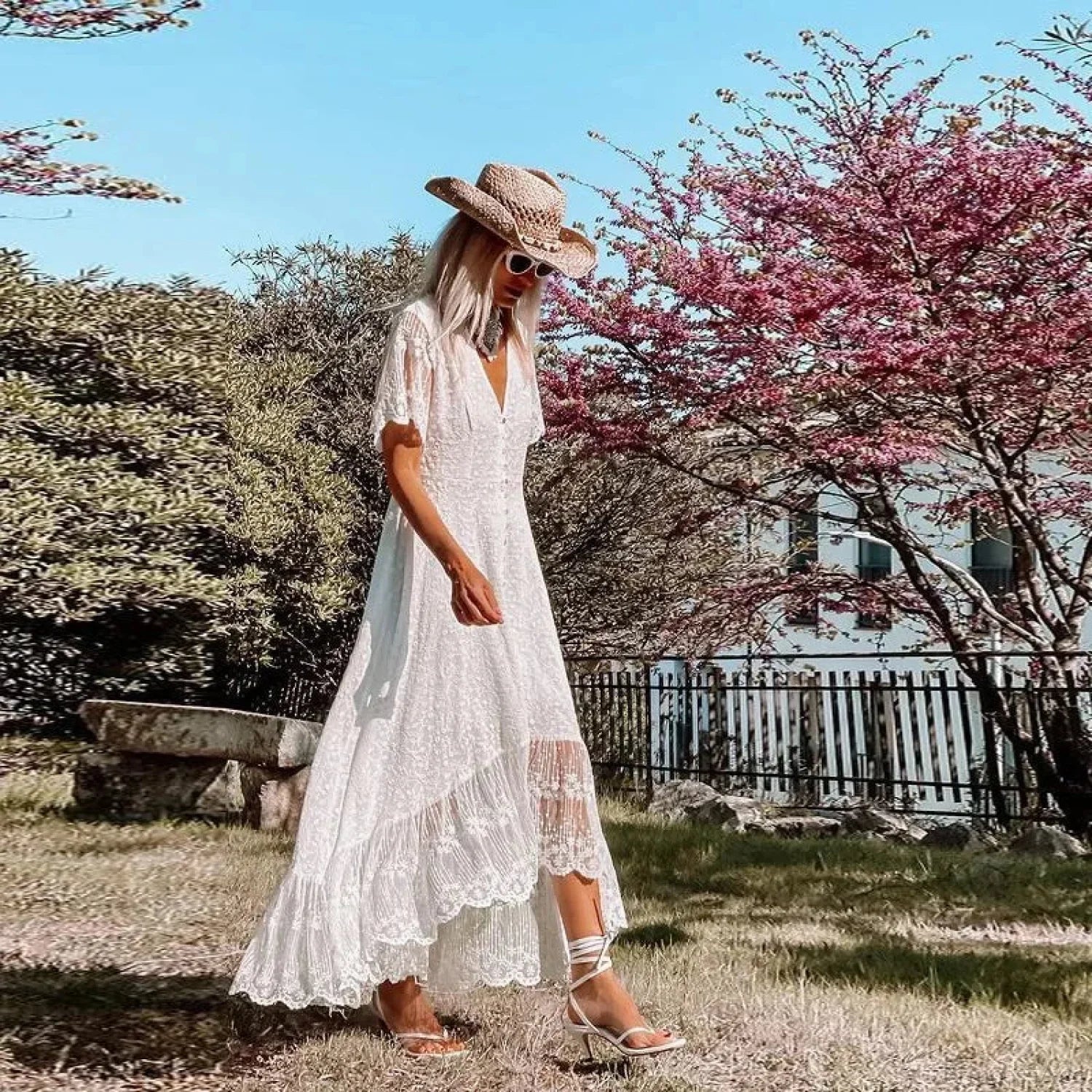 Solid Floral Short Sleeve Boho Dress - Image 2