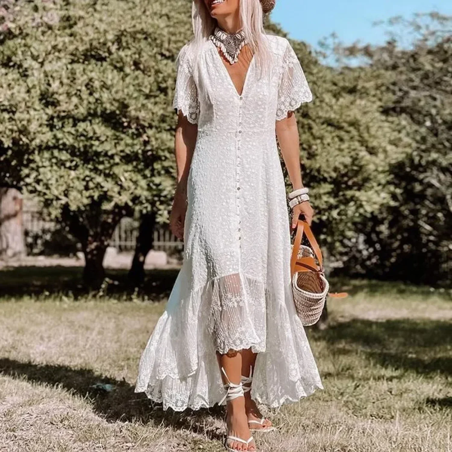 Solid Floral Short Sleeve Boho Dress - Image 3